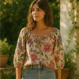 NWT Hester & Orchard Ivory Multi Floral Linen Blend Top M